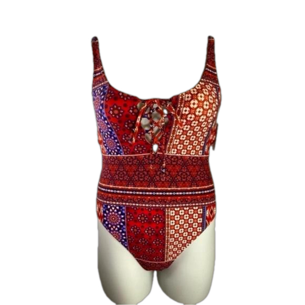 Indigo Rein Red,, Pink & White Boho Patchwork One Piece Swimsuit SKU0854